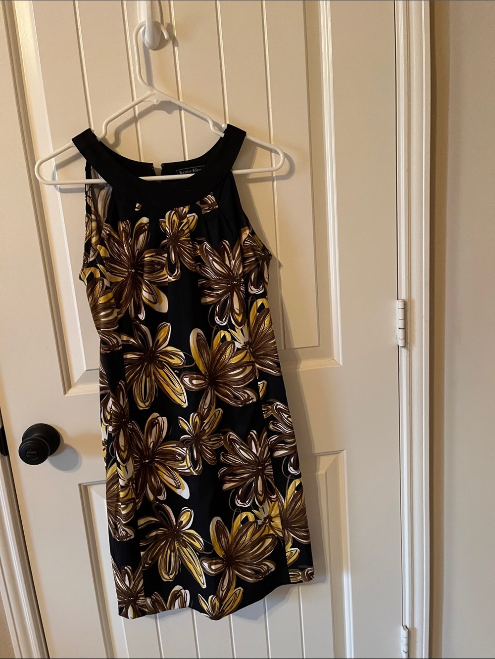 Jessica Howard Black Mini Dress with Gold & Brown Floral Print